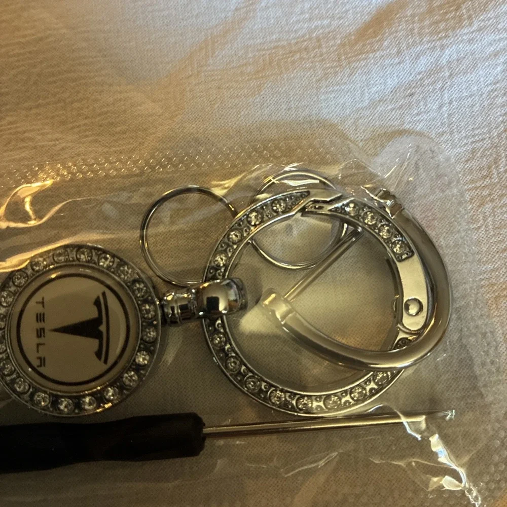 Tesla Keychain Ring White Braid With Rhinestones Emblem w/ Tool-Great Gift-NWT